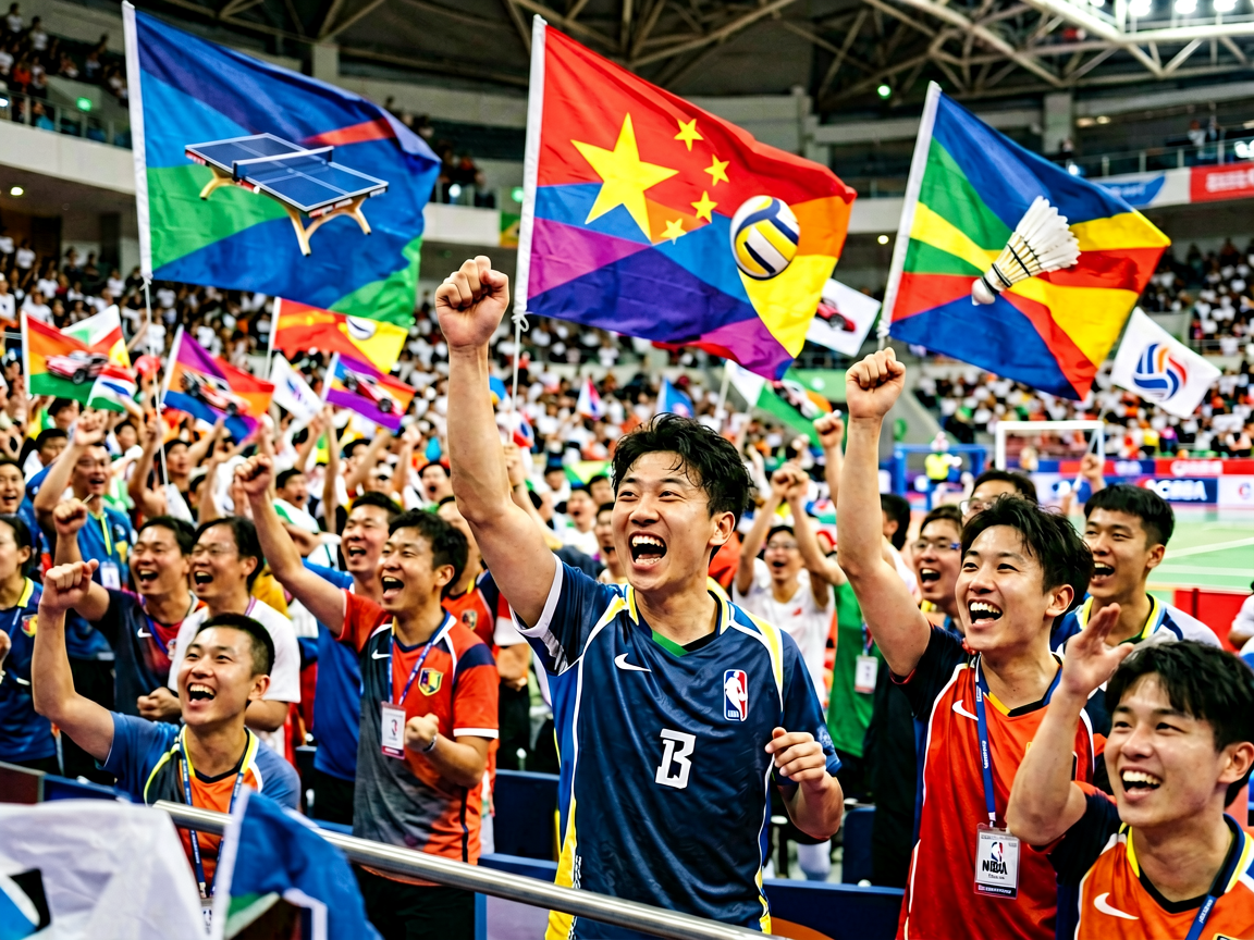 体育场馆内观众热情欢呼，五彩旗帜与横幅营造出浓厚的赛事氛围